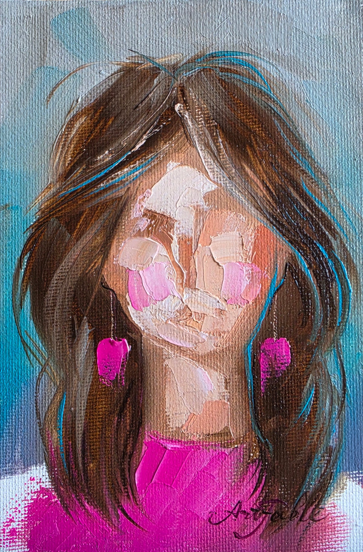 Girl oil painting original 4x6 inch, Pink portrait