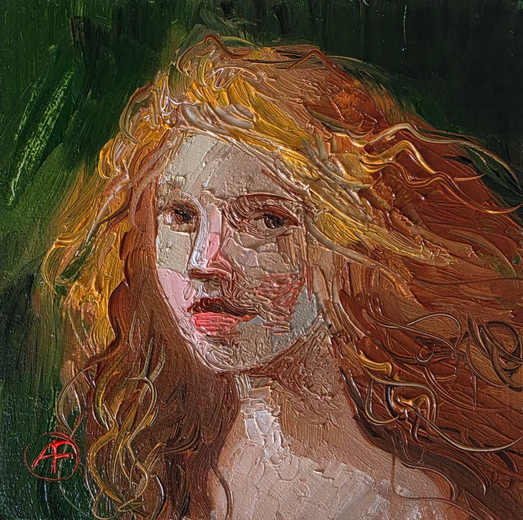 Red hair Girl portrait oil painting original 4x4 in
