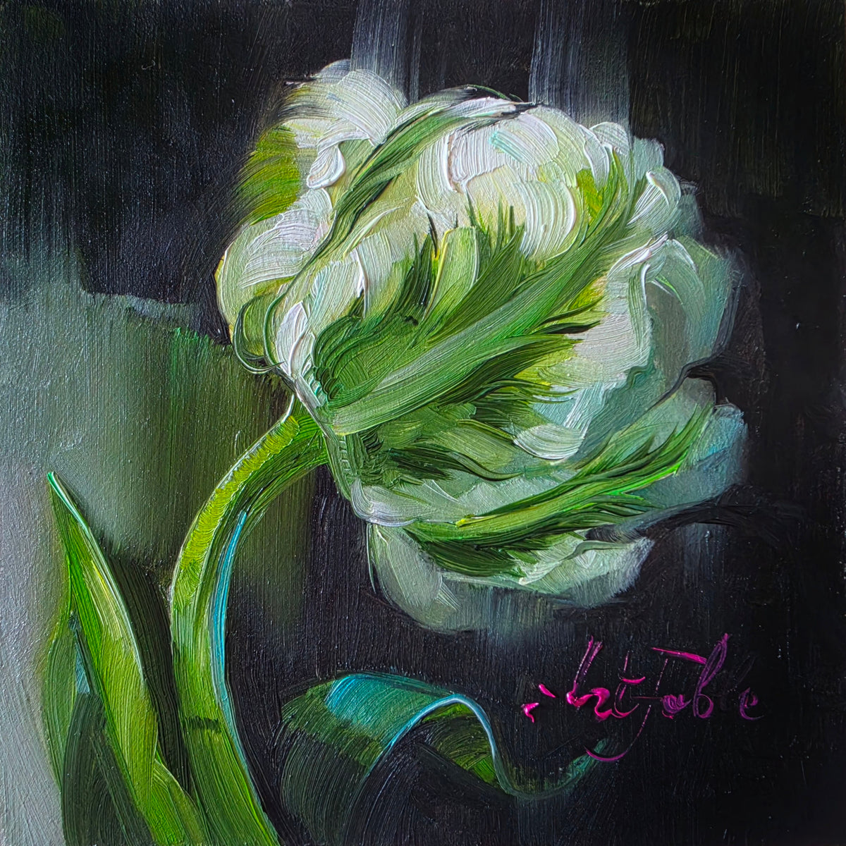 Green Tulip original oil painting framed 4x4 inch