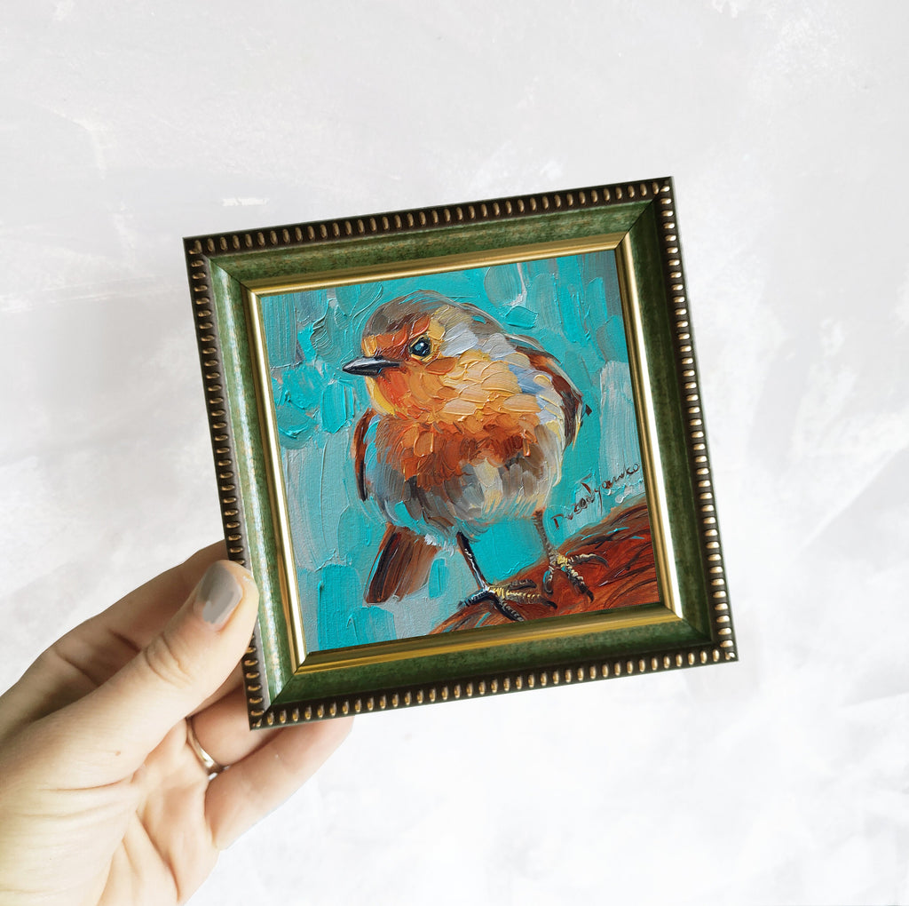 Uccello dipinto originale, pittura d'arte uccello Robin, pittura in miniatura 4x4, regalo per papà, regalo per la festa della mamma