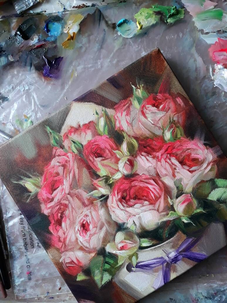 Roses painting flowers original art, Red flowers bouquet oil painting for girlfriend floral art on canvas