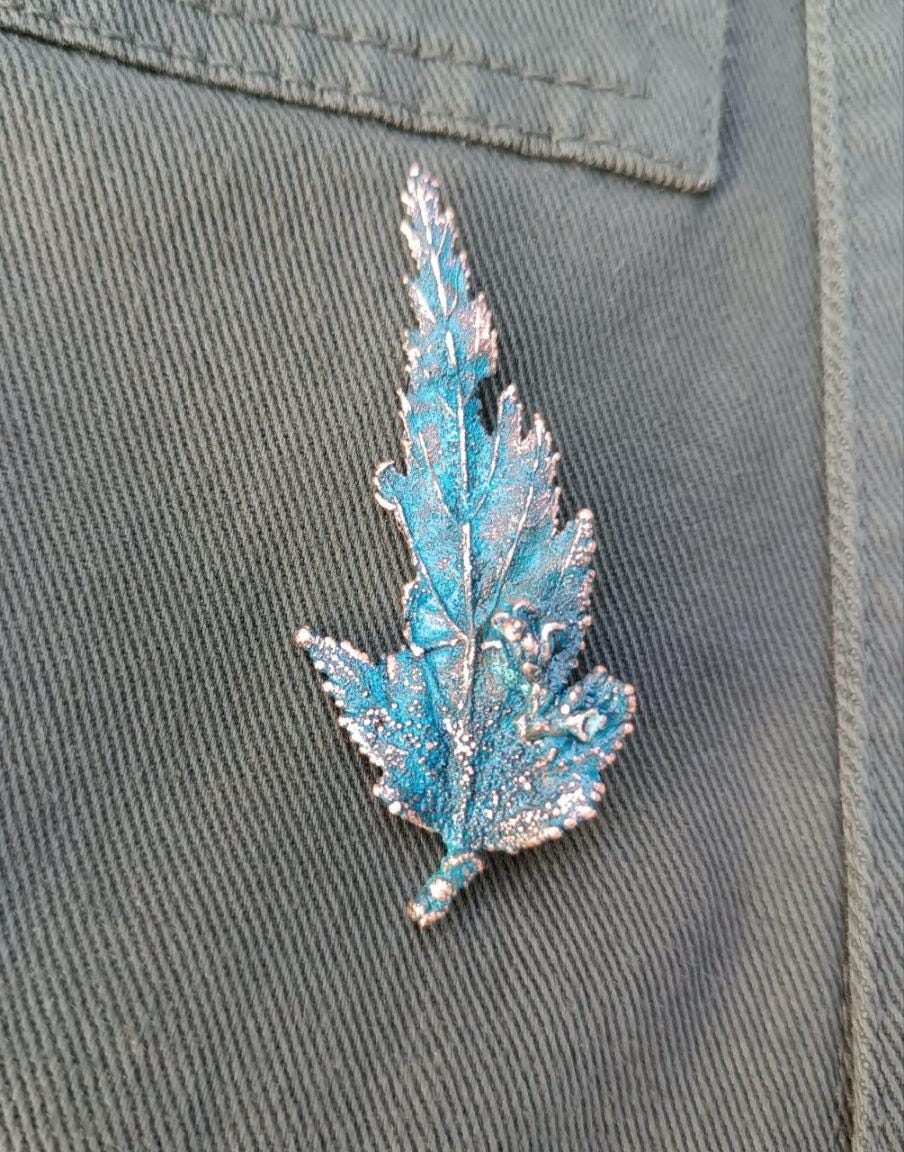 Brooch made from natural sheet of wood in copper - a unique boho-style accessory, Blue patina cooper jewelry handmade