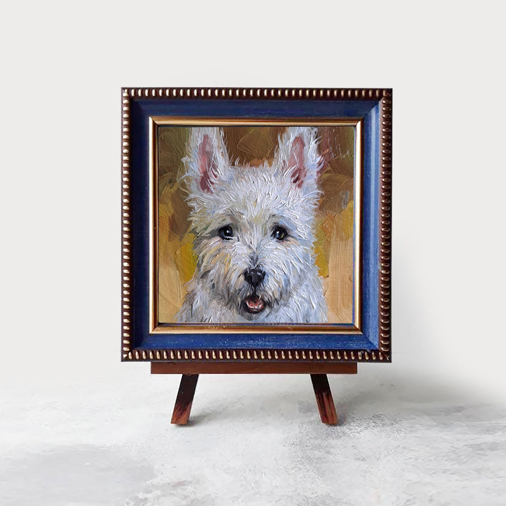 Small dog oil painting original artwork, Custom Pet portrait oil art mini gift White Terrier painting from photo 4x4 in frame