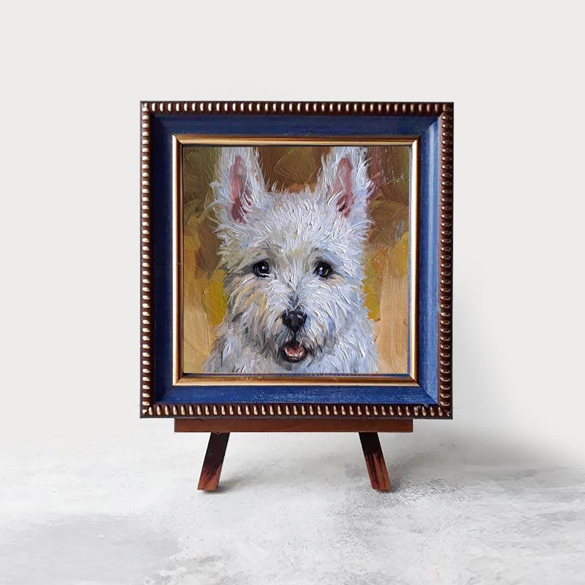 Small dog oil painting original artwork, Custom Pet portrait oil art mini gift White Terrier painting from photo 4x4 in frame