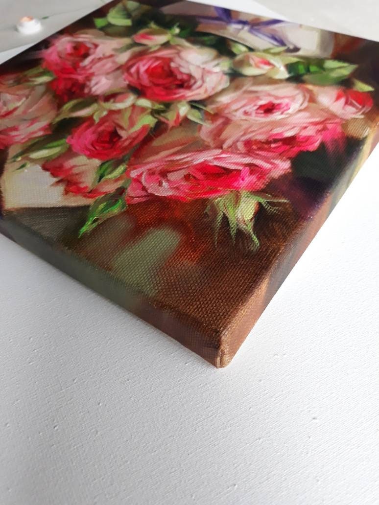 Roses painting flowers original art, Red flowers bouquet oil painting for girlfriend floral art on canvas