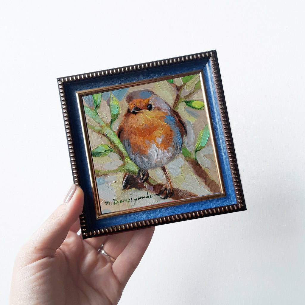 Robin bird on brunch pittura ad olio originale, Piccolo uccello dipinto incorniciato 4x4, Piccola cornice arte