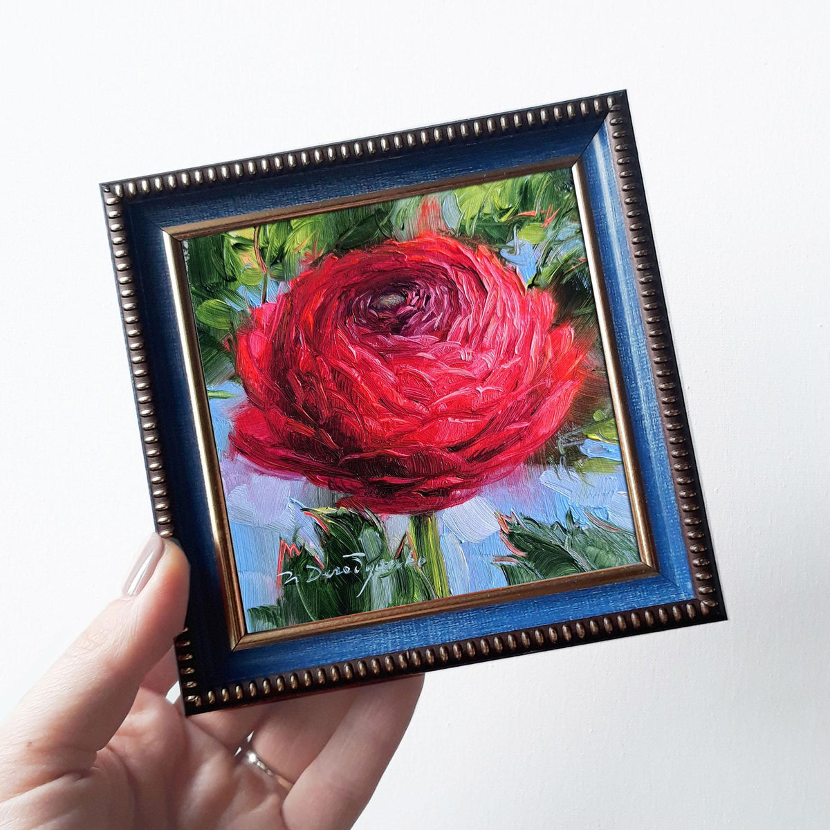 Birthflower gifts Ranunculus painting original framed 4x4 in