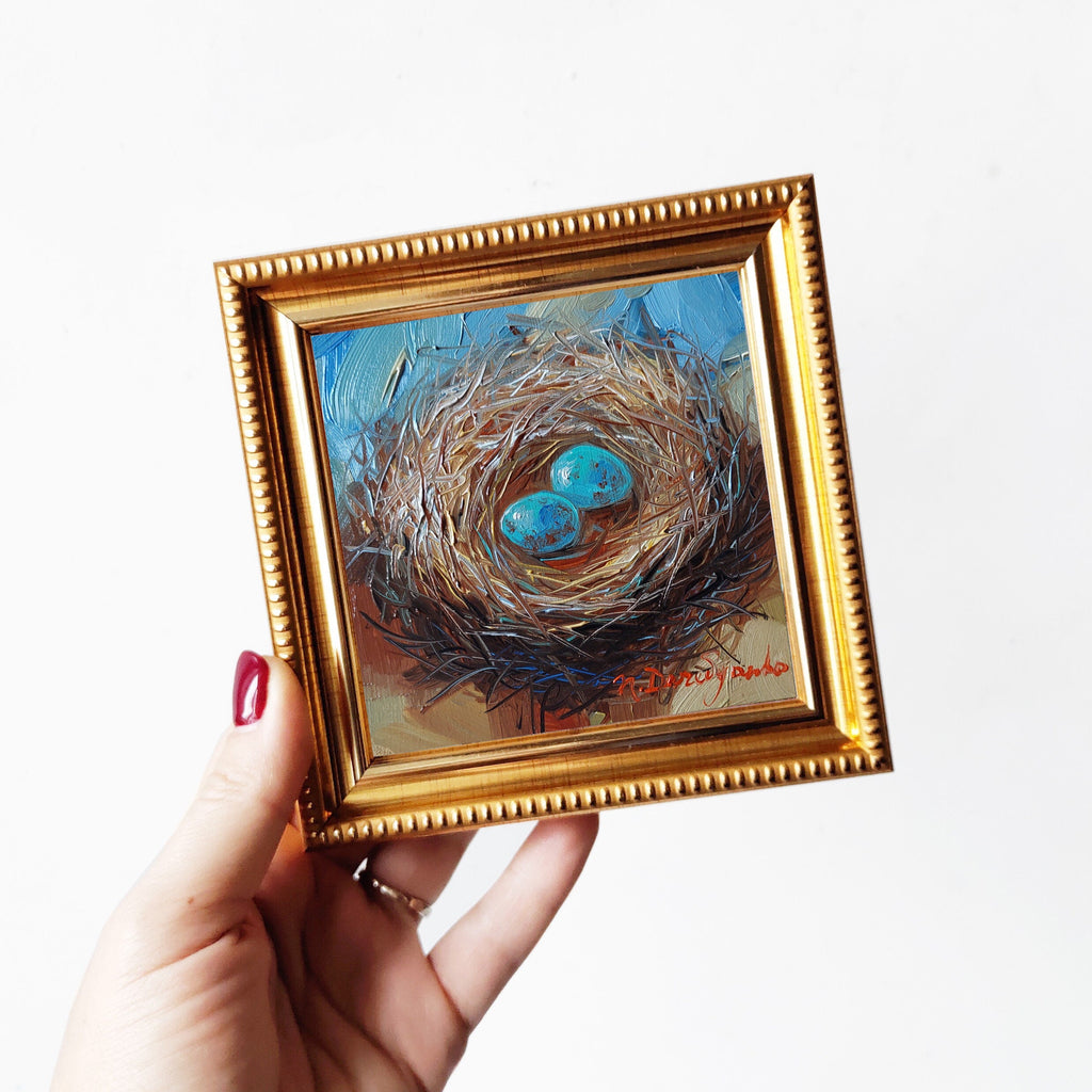 Nest oil painting original 4x4 in frame, Two blu bird egg miniature oil painting wall art framed, Small framed art Mom day gift