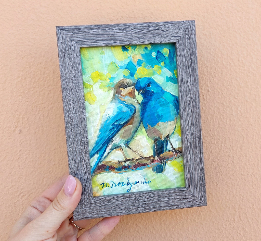 Two bird painting original canvas in wood frame, Bluebird oil painting, Bird art in frame, Small art framed love painting gift