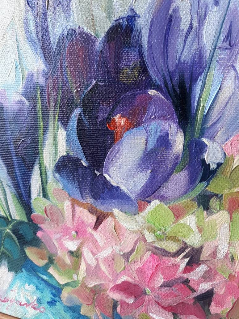 Purple flower painting original oil art, Floral oil painting vintage Hydrangea art Crocus, Impressionist paintings on canvas