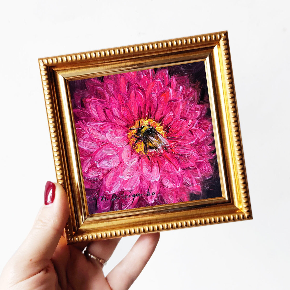Bee on Dahlia flower Oil Painting Original 4x4 inch