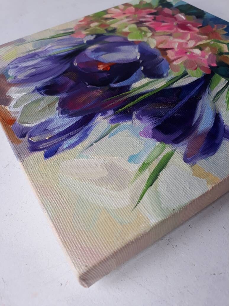 Purple flower painting original oil art, Floral oil painting vintage Hydrangea art Crocus, Impressionist paintings on canvas