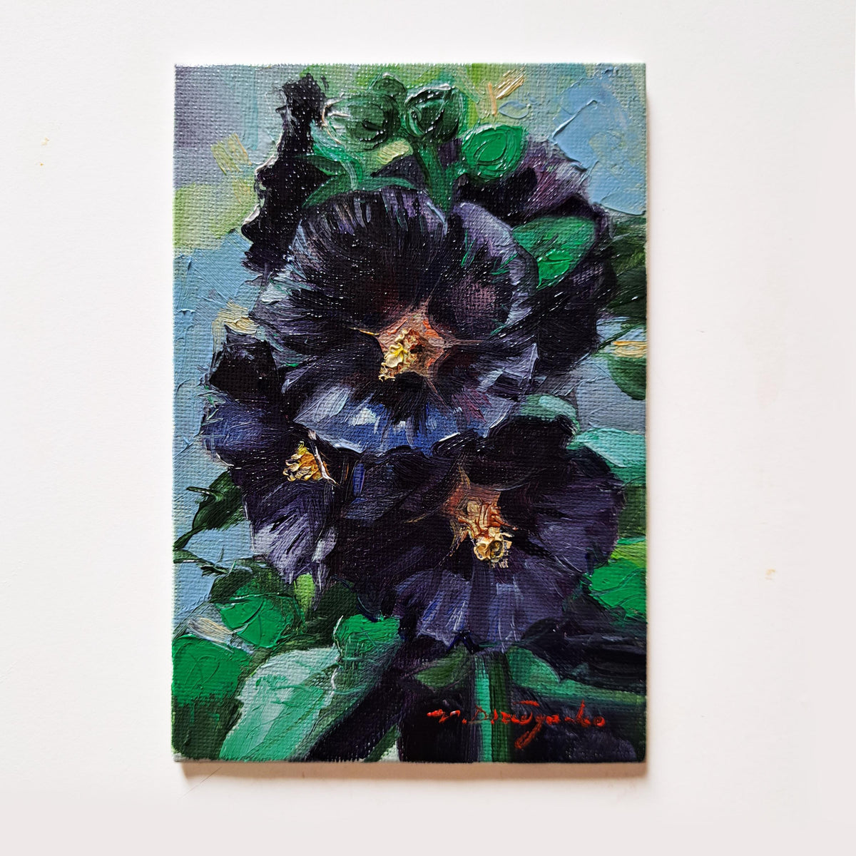 Black Hollyhock flowers oil paintings miniature original 4x6 inch