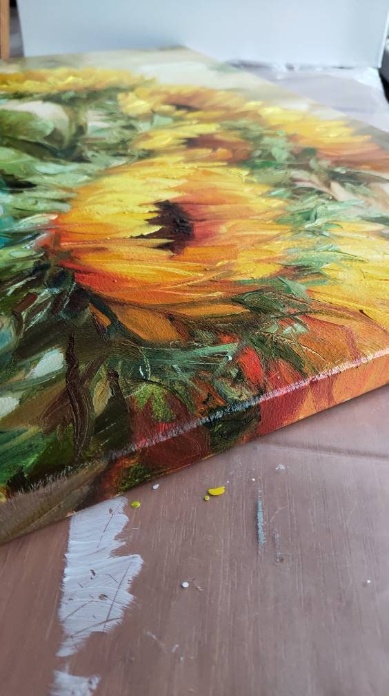 Large floral paintings on canvas original, Sunflowers in turquoise vase oil painting, Yellow flowers wall art decor Easter gift