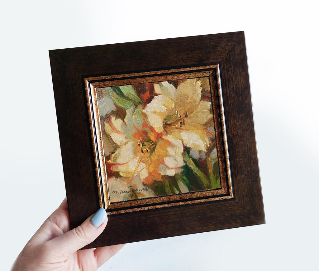 Lily pittura floreale originale incorniciato 6x6, regalo mamma dalla figlia, due fiori gialli decorazione arte della parete