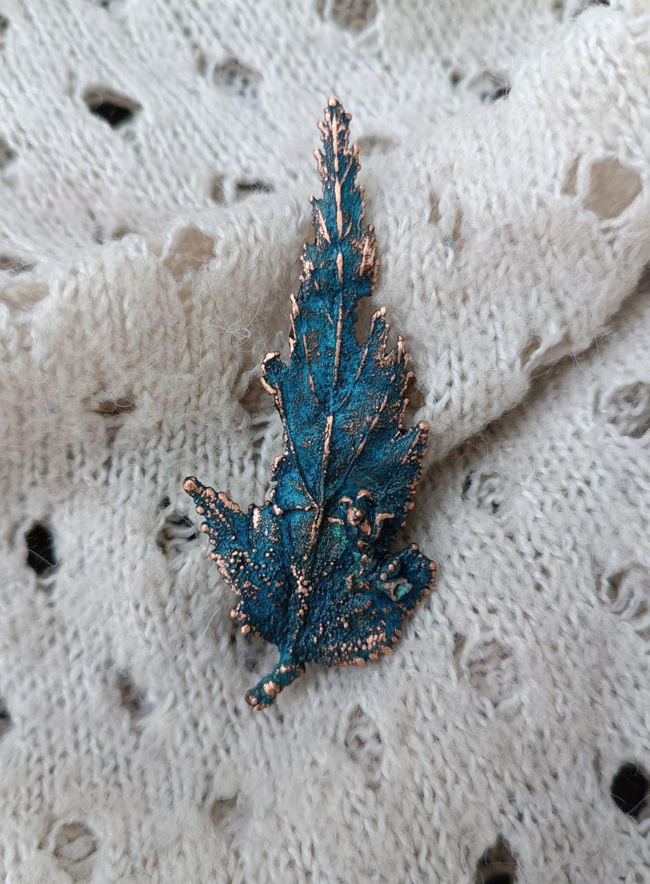 Brooch made from natural sheet of wood in copper - a unique boho-style accessory, Blue patina cooper jewelry handmade
