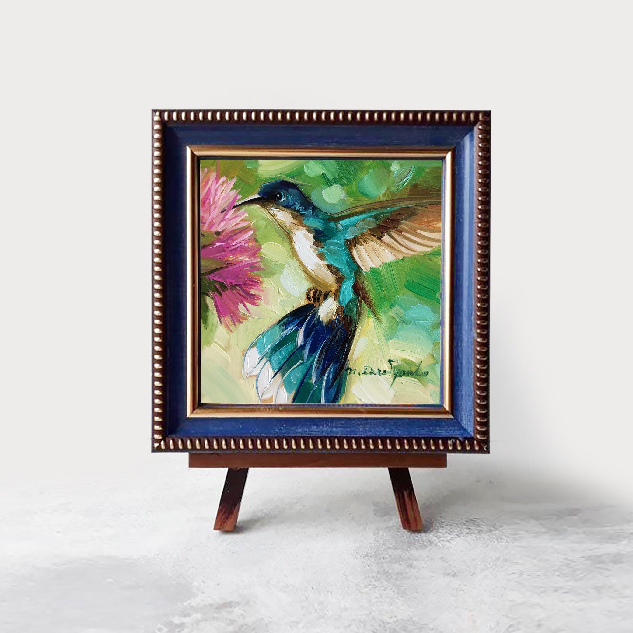 Hummingbird painting original oil art 4x4 in blue frame, Bird oil painting framed green wall art, Mothers day gift from daughter