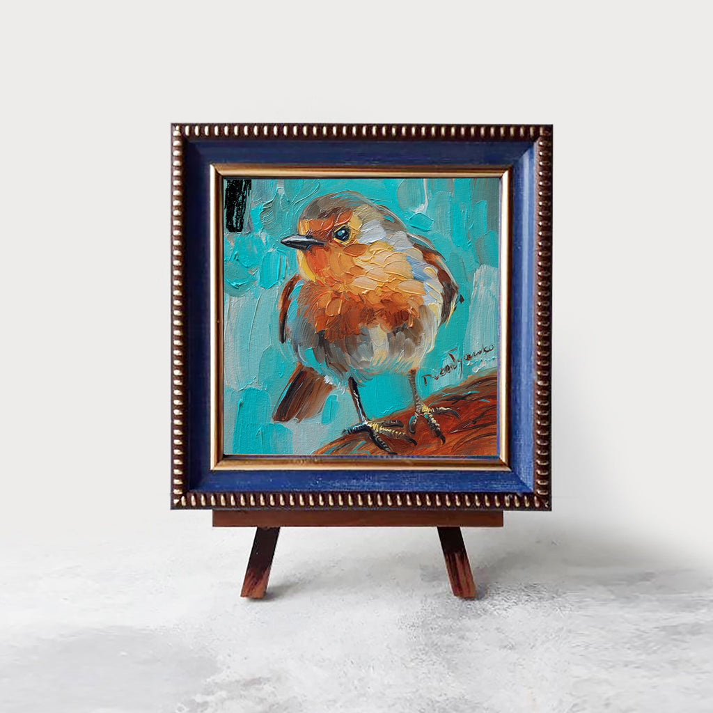 Uccello dipinto originale, pittura d'arte uccello Robin, pittura in miniatura 4x4, regalo per papà, regalo per la festa della mamma