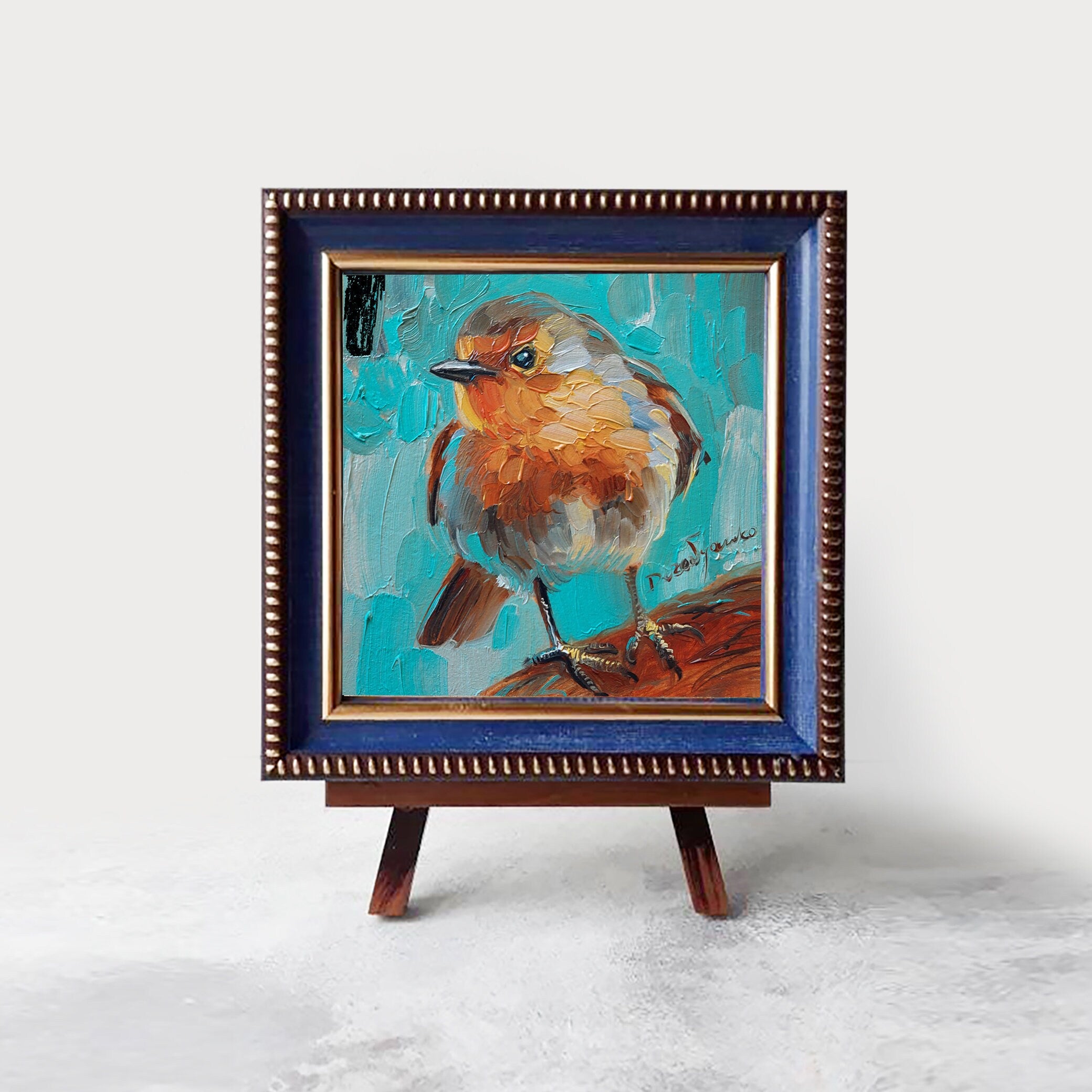 Uccello dipinto originale, pittura d'arte uccello Robin, pittura in miniatura 4x4, regalo per papà, regalo per la festa della mamma