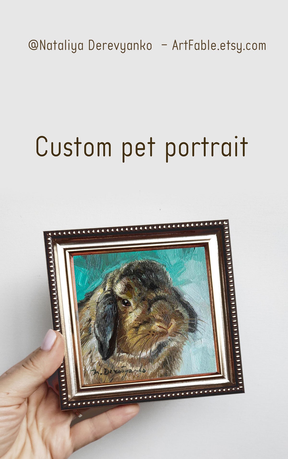 Custom pet portrait painting 4x4 in frame, Small pet oil painting original framed artwork, Rabbit pet portrait oil art mini gift