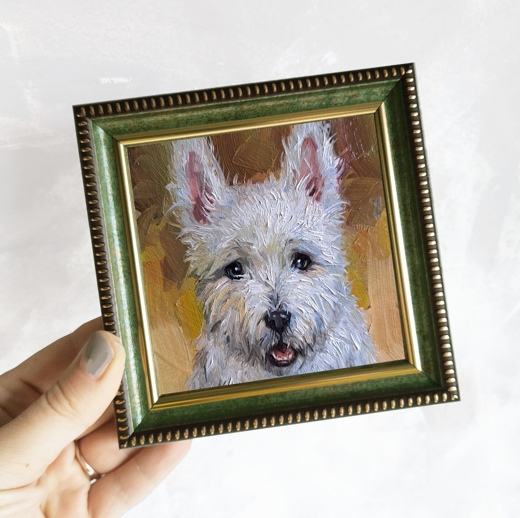 Small dog oil painting original artwork, Custom Pet portrait oil art mini gift White Terrier painting from photo 4x4 in frame