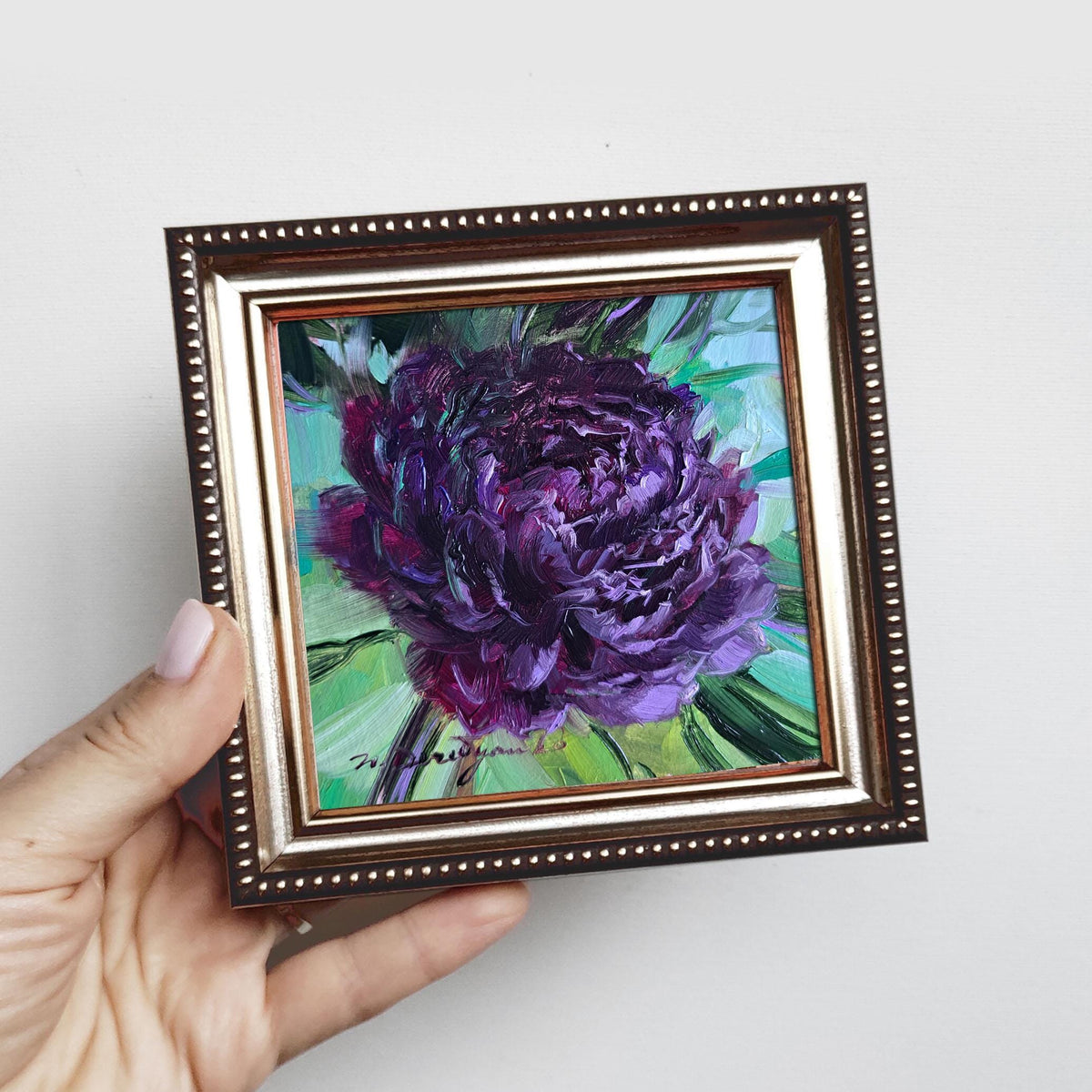 Black peony oil painting 4x4 flower wall art original
