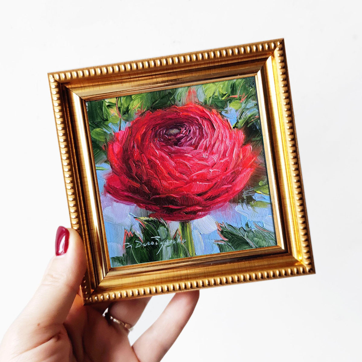 Birthflower gifts Ranunculus painting original framed 4x4 in