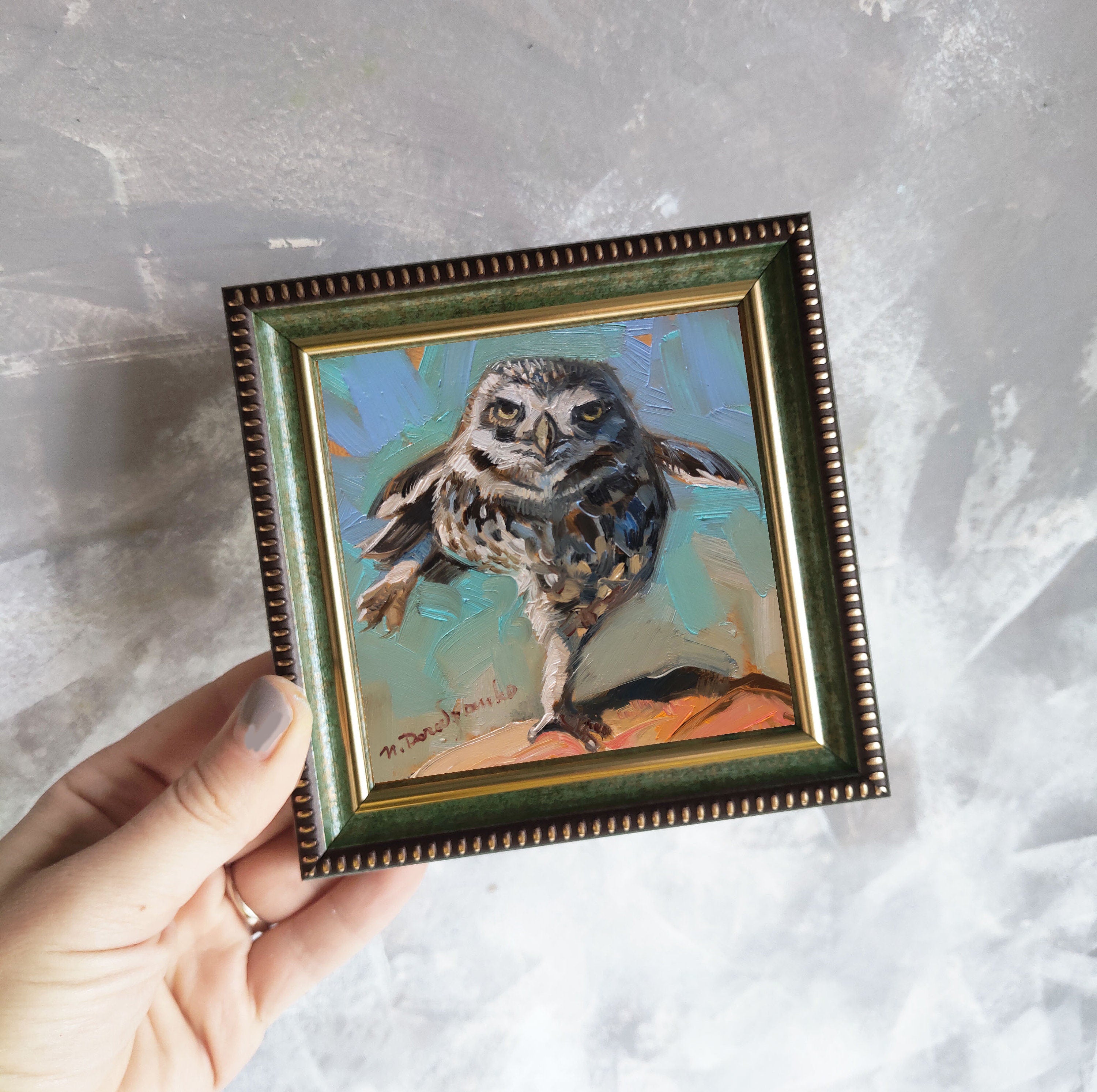 Owl bird painting original in frame Small artwork framed, Bird wall art framed artwork teacher appreciation gift