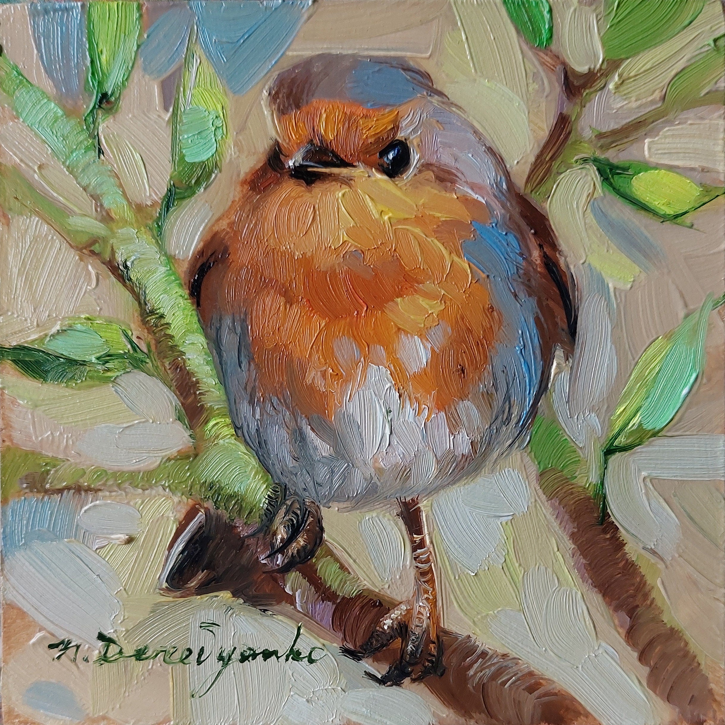 Robin bird on brunch pittura ad olio originale, Piccolo uccello dipinto incorniciato 4x4, Piccola cornice arte
