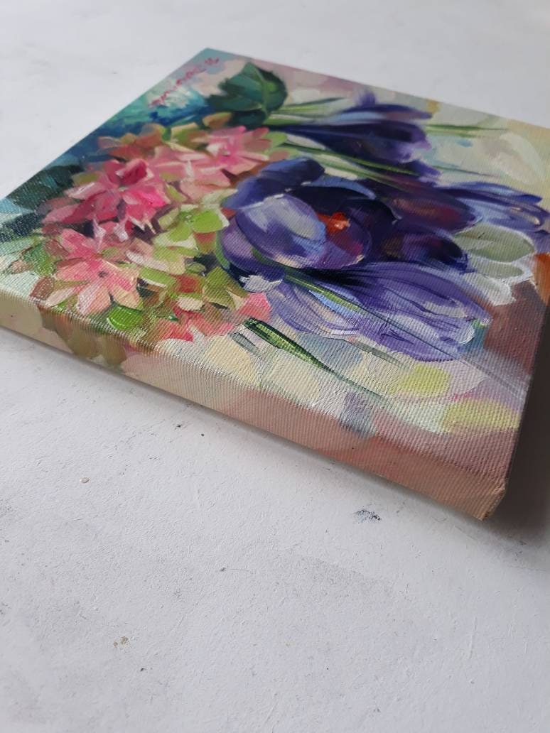 Purple flower painting original oil art, Floral oil painting vintage Hydrangea art Crocus, Impressionist paintings on canvas