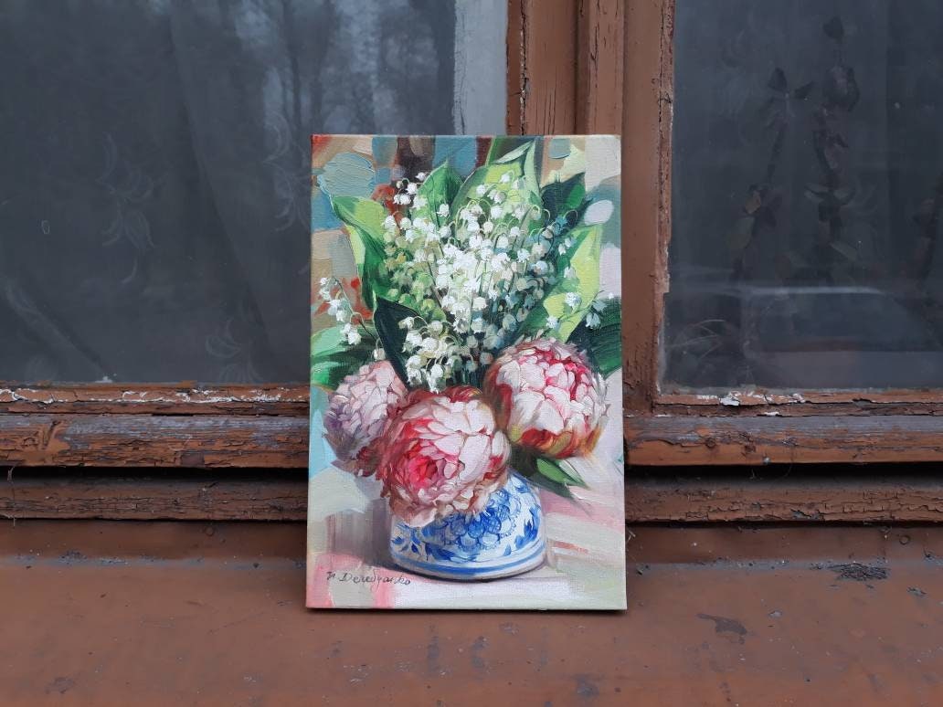 Peony flowers oil painting original on canvas Lily of the valley art, Pink floral wall art godmother gift