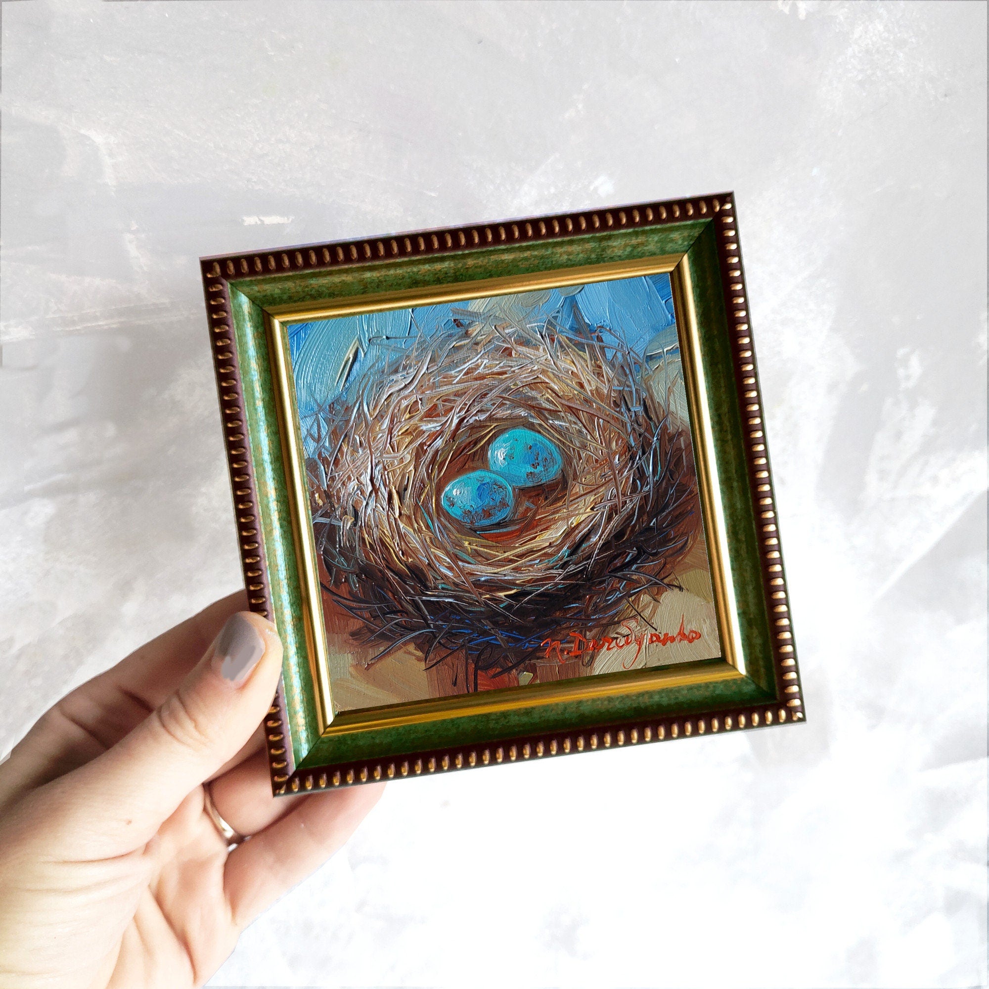 Nest oil painting original 4x4 in frame, Two blu bird egg miniature oil painting wall art framed, Small framed art Mom day gift