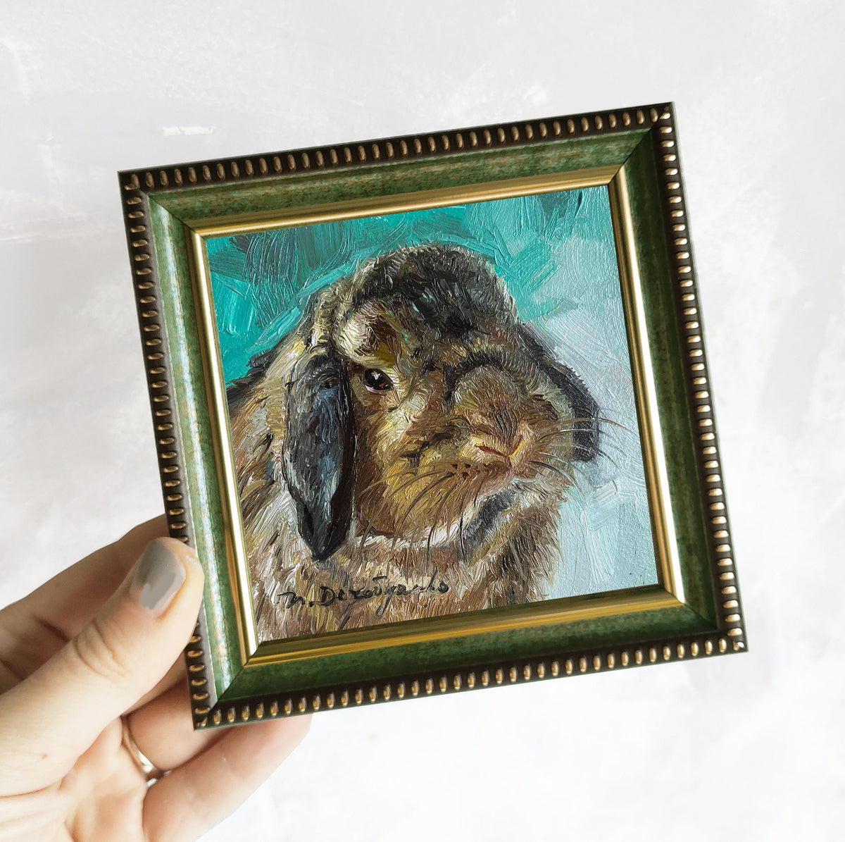 Custom pet portrait painting 4x4 in frame, Small pet oil painting original framed artwork, Rabbit pet portrait oil art mini gift