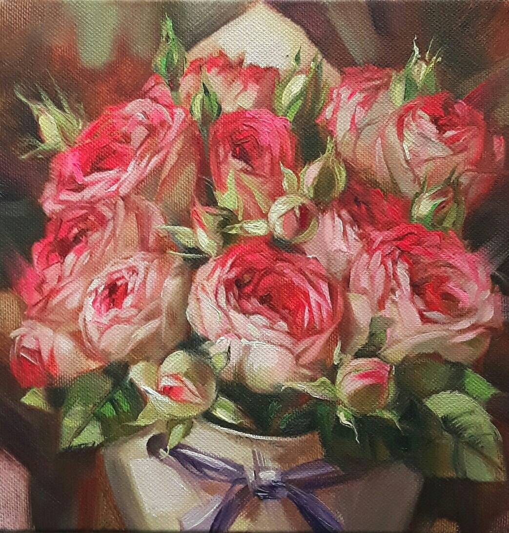 Roses painting flowers original art, Red flowers bouquet oil painting for girlfriend floral art on canvas