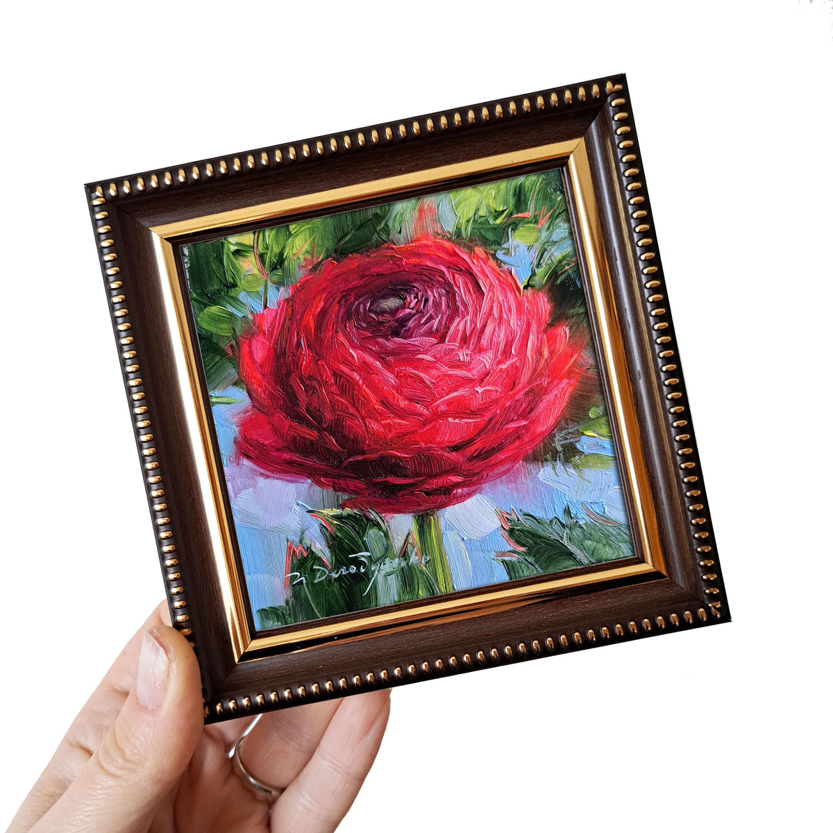 Birthflower gifts Ranunculus painting original framed 4x4 in