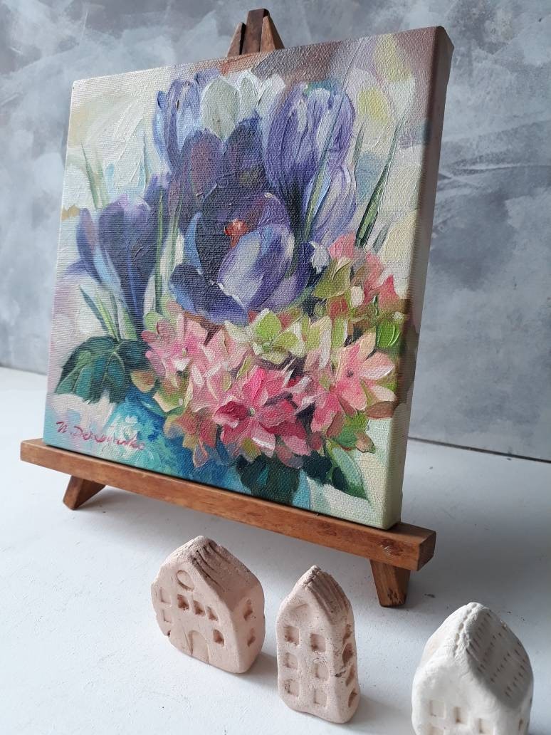 Purple flower painting original oil art, Floral oil painting vintage Hydrangea art Crocus, Impressionist paintings on canvas