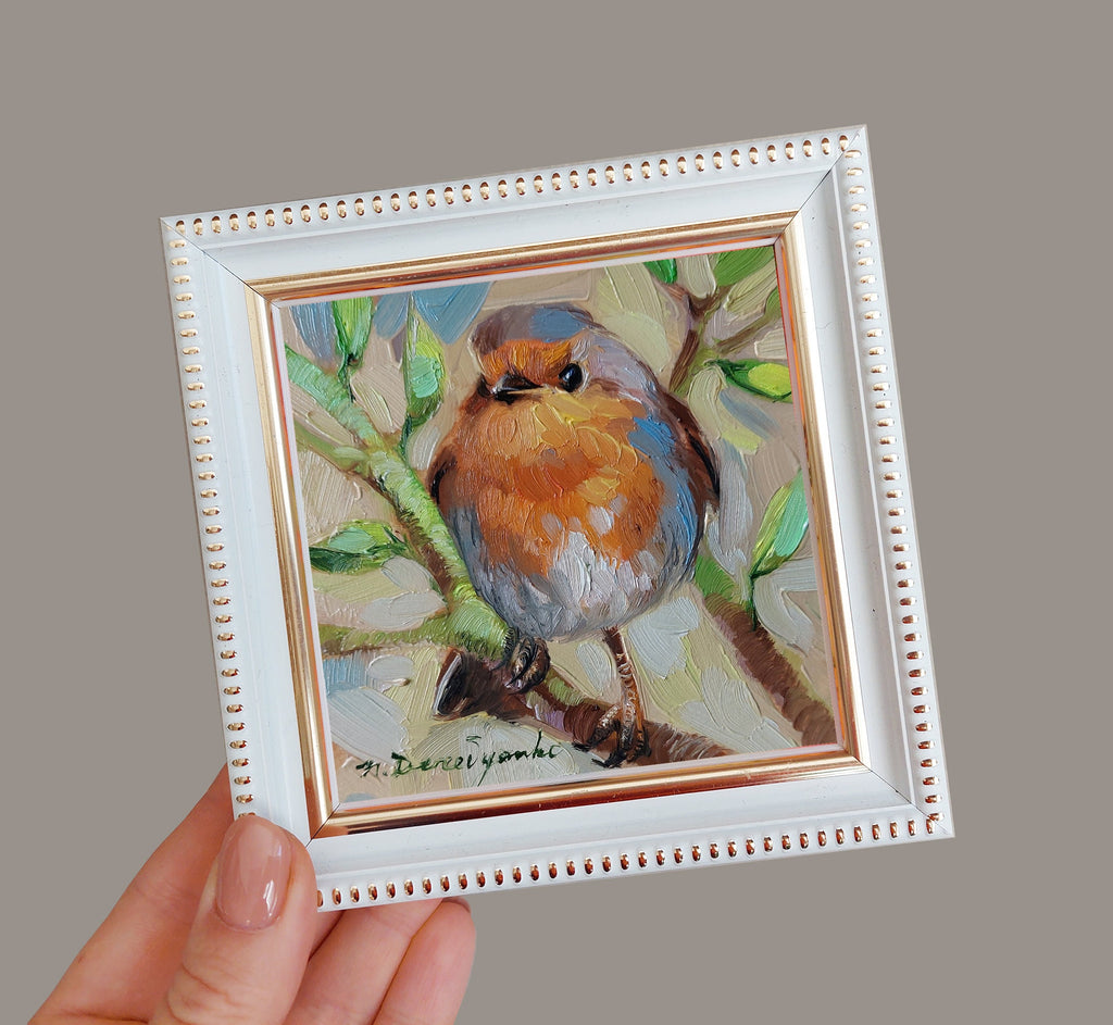 Robin bird on brunch pittura ad olio originale, Piccolo uccello dipinto incorniciato 4x4, Piccola cornice arte