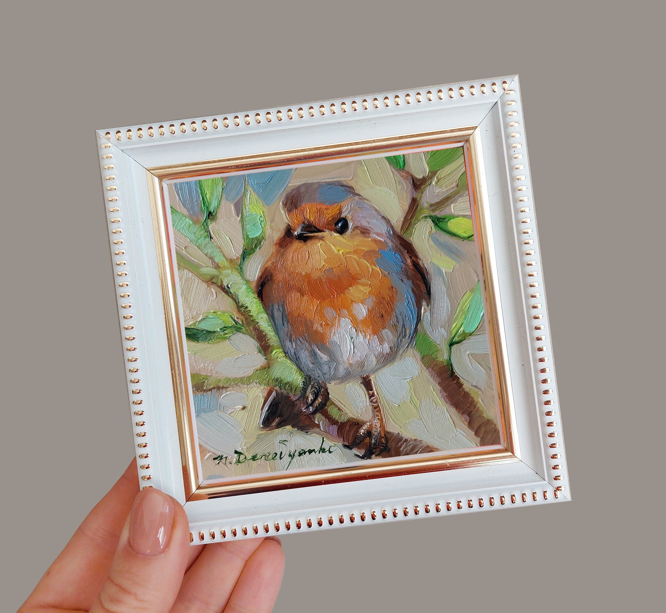 Robin bird on brunch pittura ad olio originale, Piccolo uccello dipinto incorniciato 4x4, Piccola cornice arte