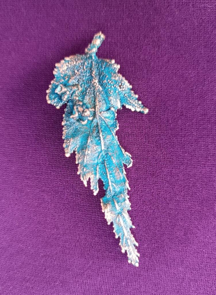 Brooch made from natural sheet of wood in copper - a unique boho-style accessory, Blue patina cooper jewelry handmade
