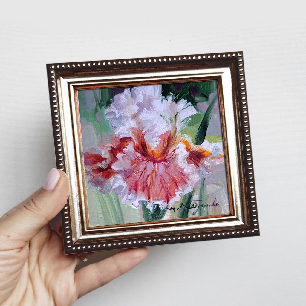 Iris flower paintings miniature original 4x4, Birthday gift for Mom, Floral arrangement unique redblooming Small framed flower art decor