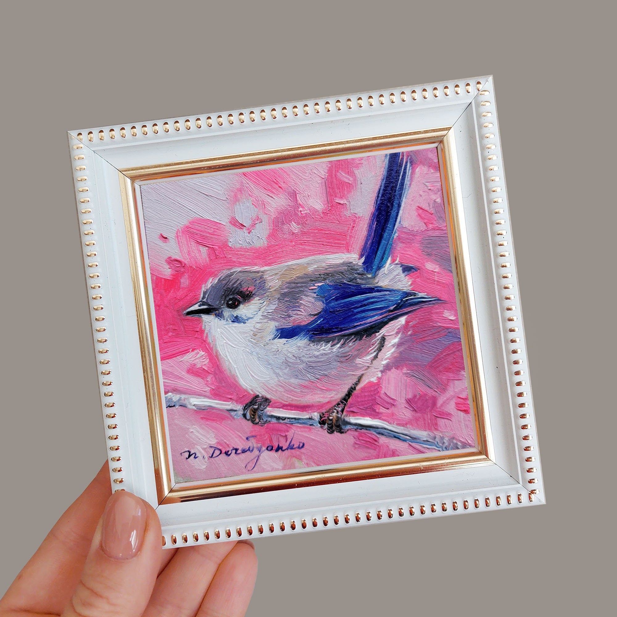 Small oil painting original Bird painting 4x4, Blue bird picture frame Fairy-wren bird artwork, Small frame art bird gift idea