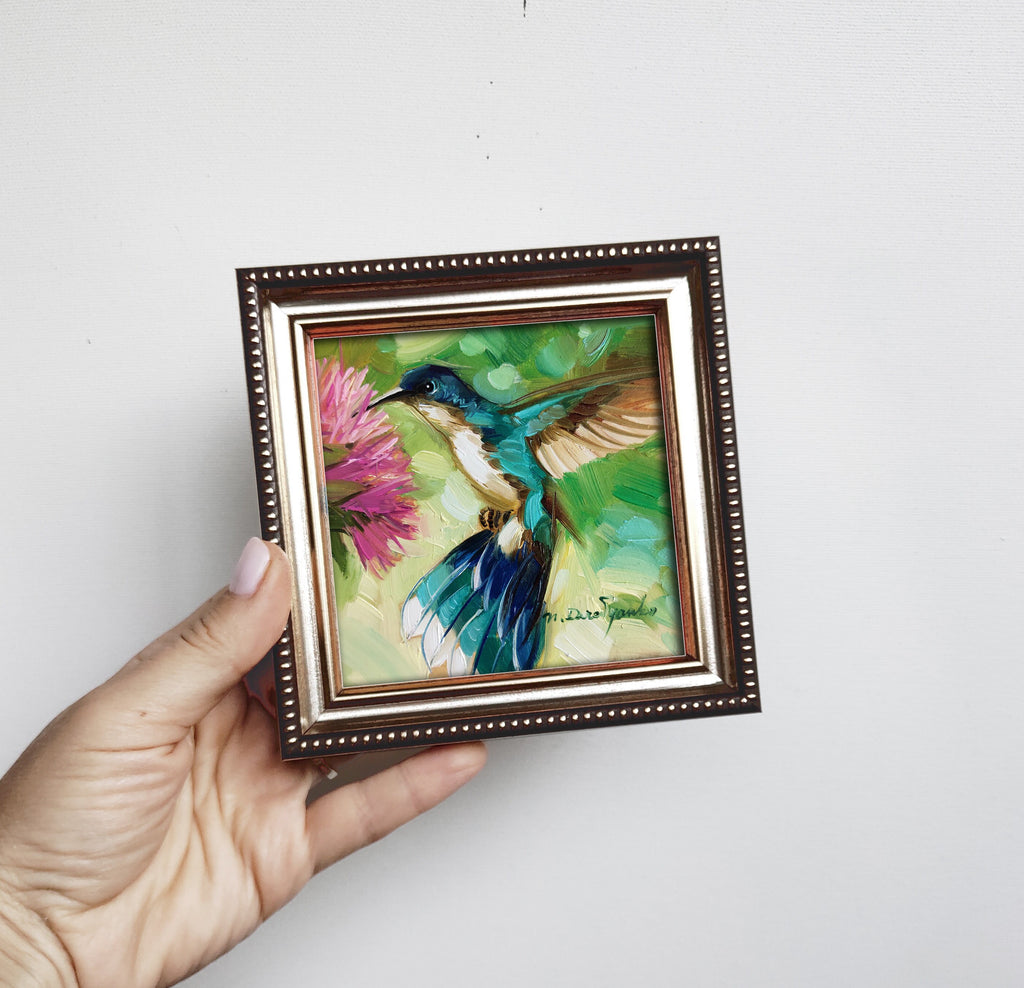 Hummingbird painting original oil art 4x4 in blue frame, Bird oil painting framed green wall art, Mothers day gift from daughter