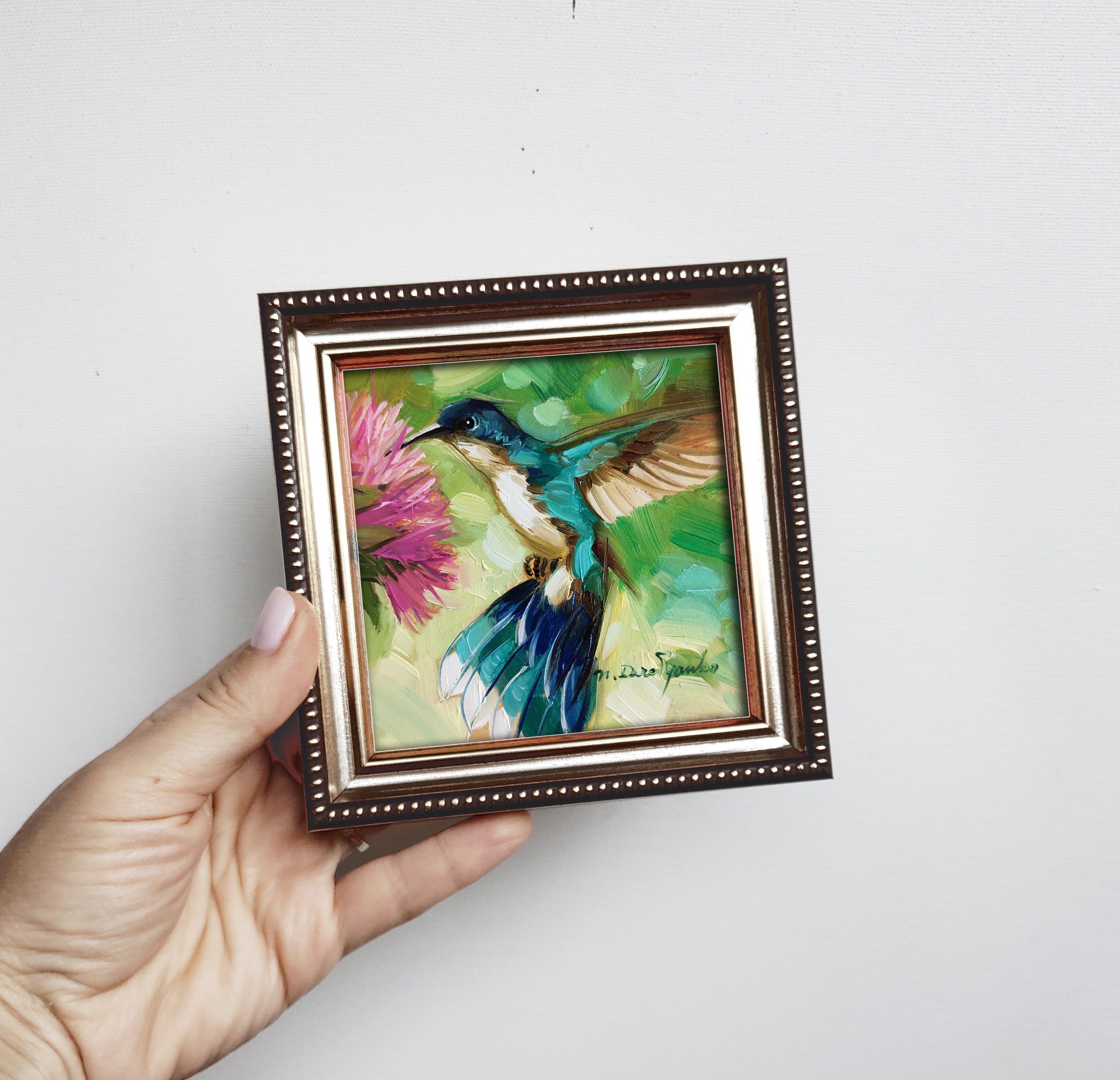 Hummingbird painting original oil art 4x4 in blue frame, Bird oil painting framed green wall art, Mothers day gift from daughter