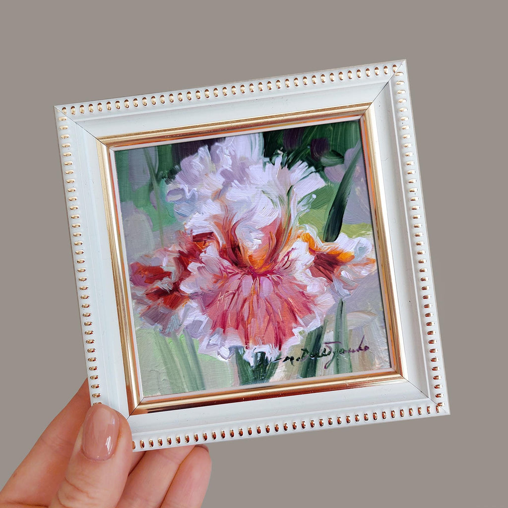 Iris flower paintings miniature original 4x4, Birthday gift for Mom, Floral arrangement unique redblooming Small framed flower art decor