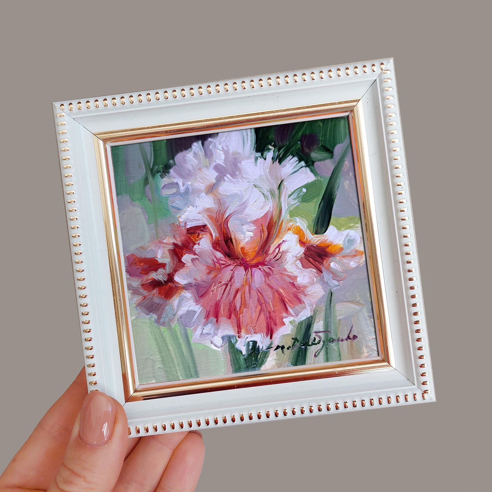 Iris flower paintings miniature original 4x4, Birthday gift for Mom, Floral arrangement unique redblooming Small framed flower art decor