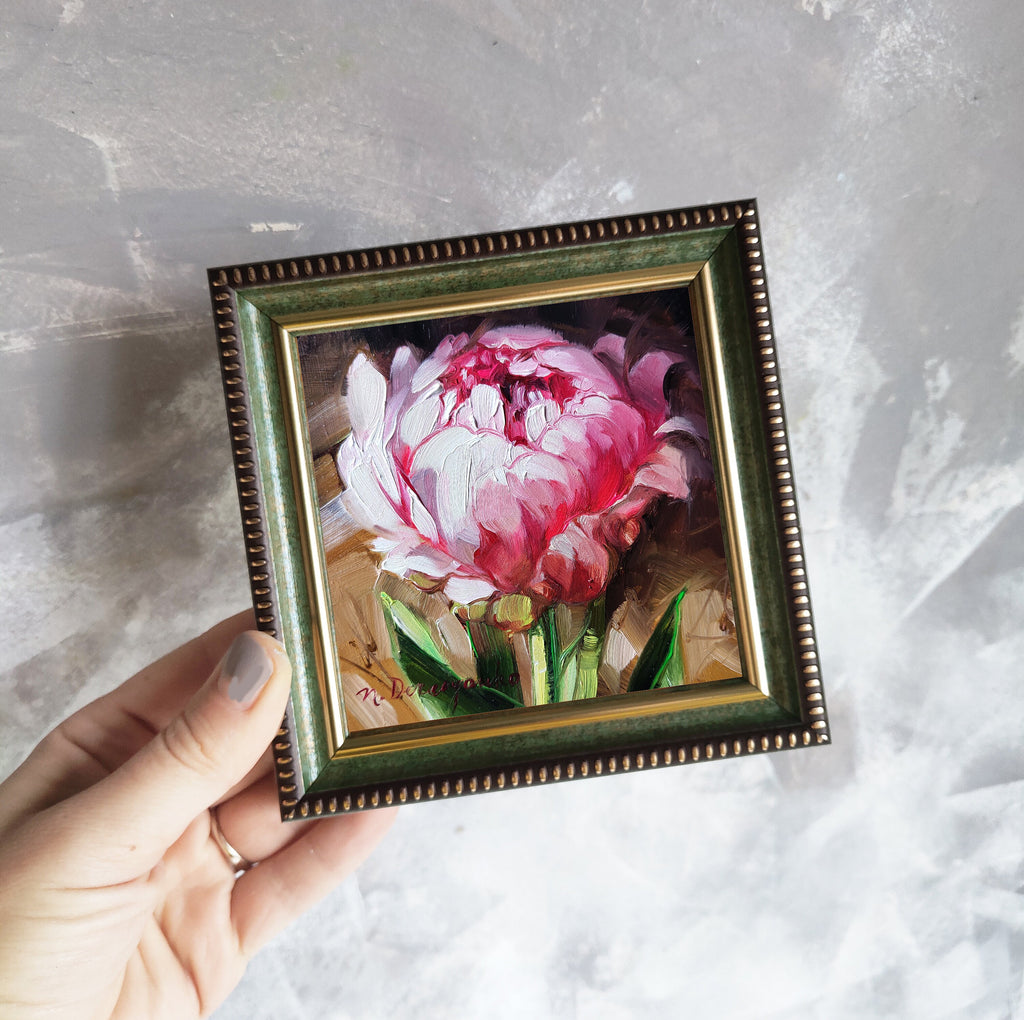 Small painting pink flowers original, Unique peony wall art, Peonies art gift for sister