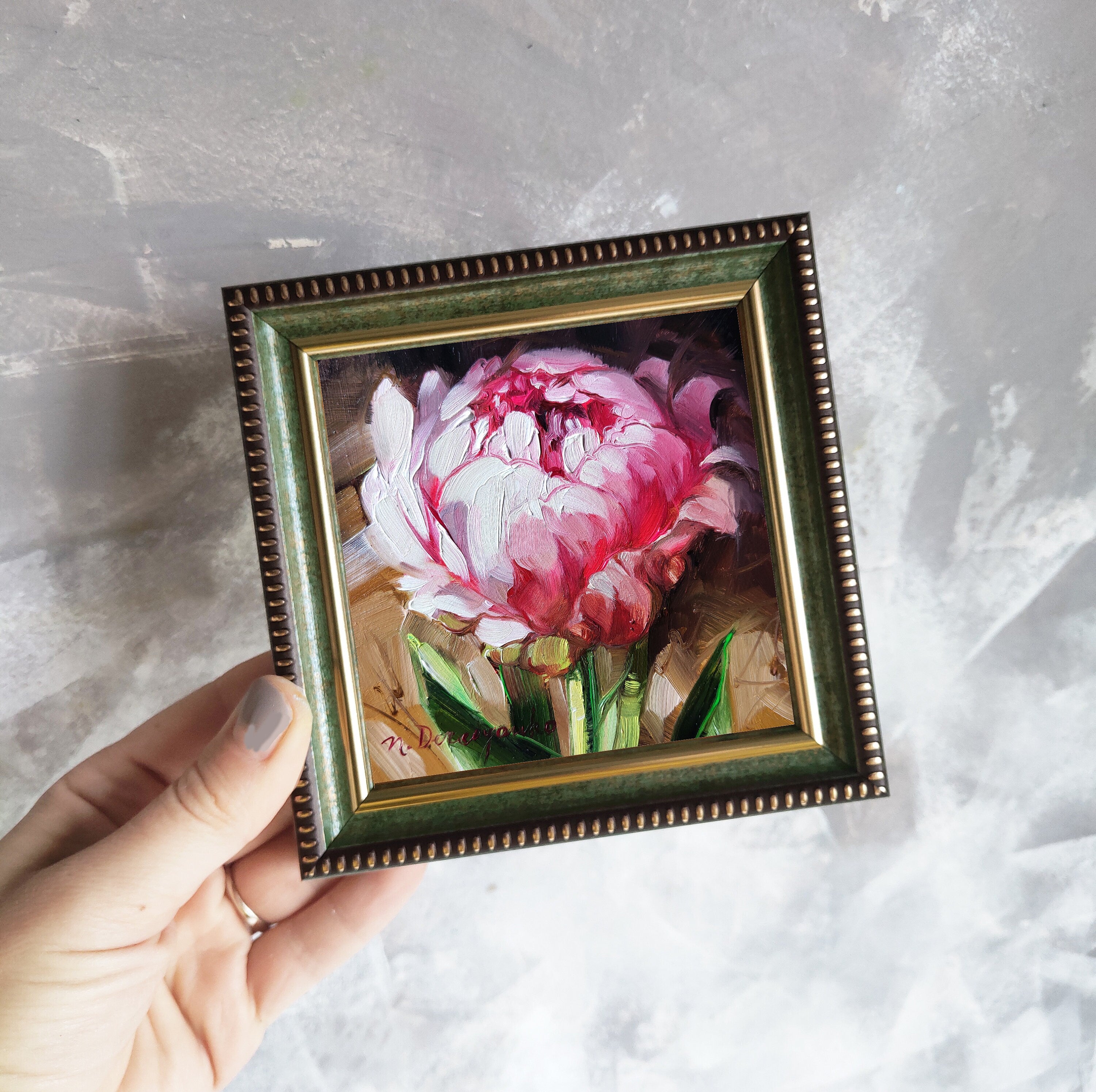 Small painting pink flowers original, Unique peony wall art, Peonies art gift for sister