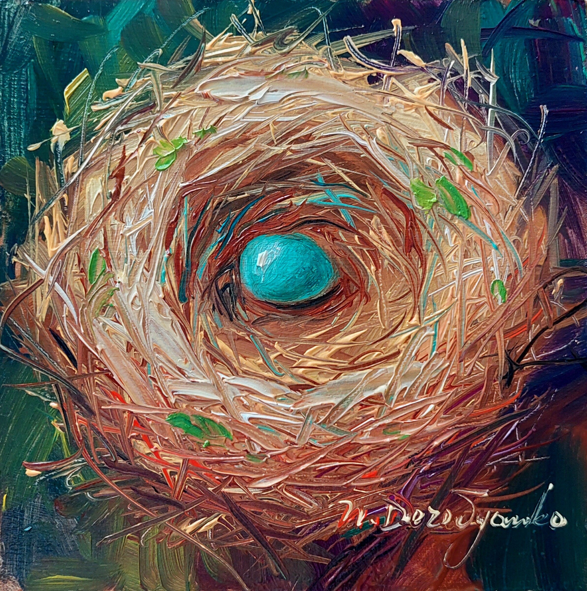 Nest oil painting original 4x4 in frame, Robin bird blue egg unique miniature painting wall art framed, Small painting Valentines day gift