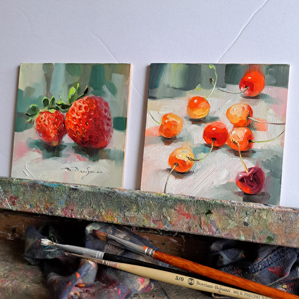 Yellow cherry art original oil painting 4x4