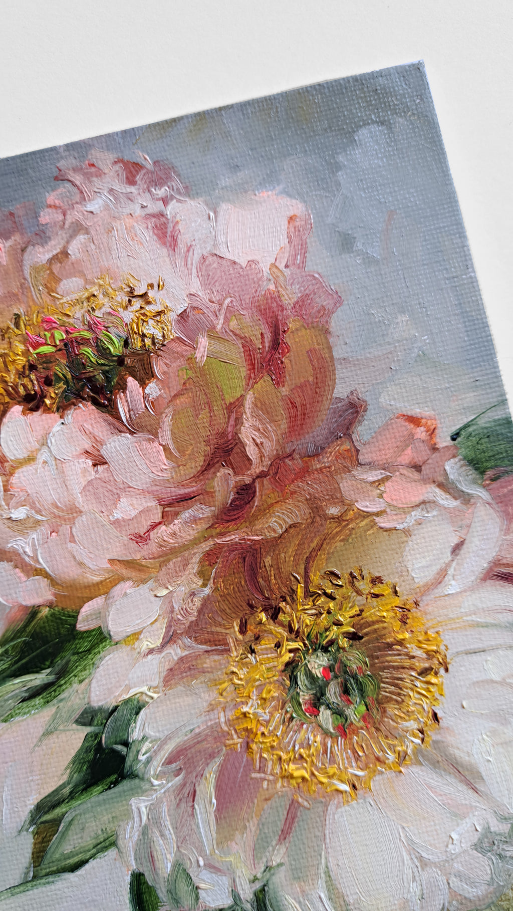 Two peony flowers oil painting original framed 7x5